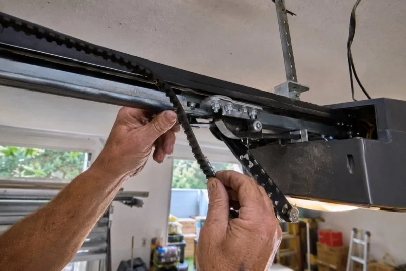 Hands holding a loose toothed belt beside the rail and trolley of an overhead garage-door opener.