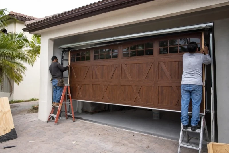 Two people on stepladders holding the sides of a partly raised brown garage door with upper windows and diagonal panel details.