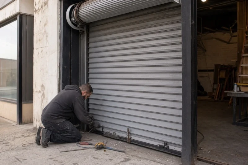 Person kneeling beside the bottom of a metal rolling door with tools on the ground