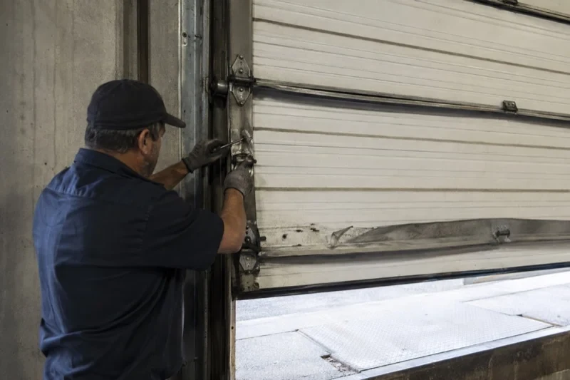 Person holding tools at the side hinge of a partly raised industrial sectional door