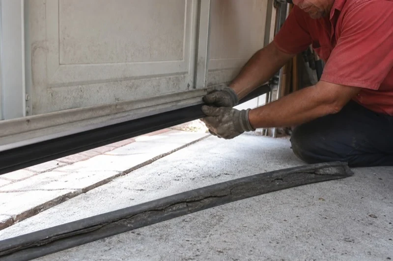 Person fitting a black strip along the bottom edge of a partly raised garage door, with a cracked strip lying on the floor.