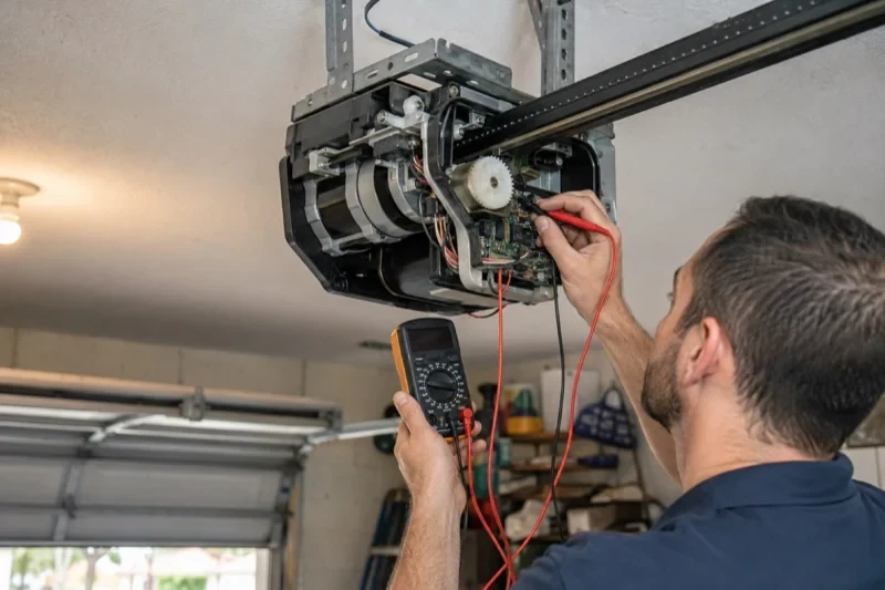 Person holding a multimeter and a red probe near the exposed circuit board of an overhead garage-door opener.