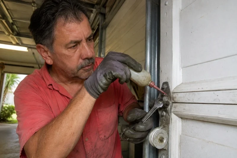 Gloved person holding a small bottle and wrench beside a garage-door hinge and roller