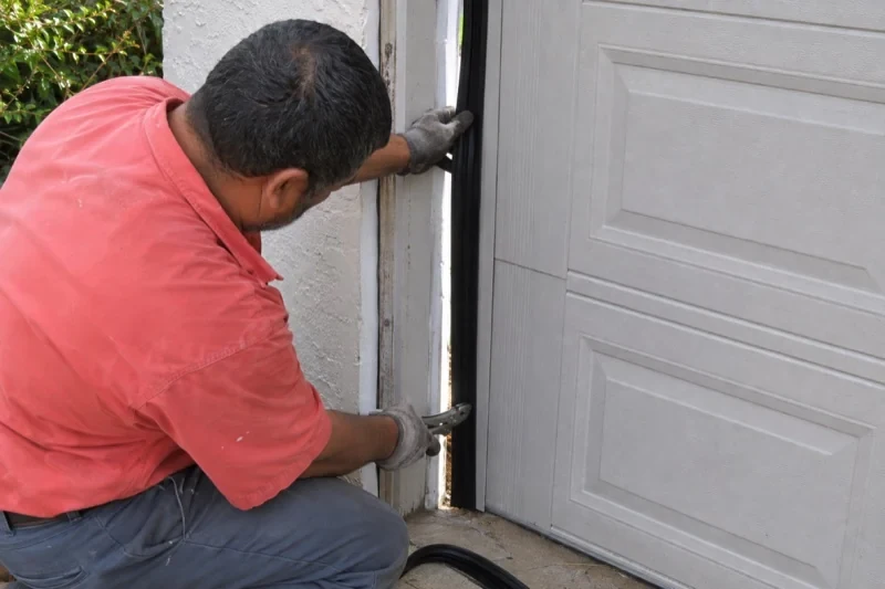 Gloved person holding a black strip along the side of a sectional garage-door opening