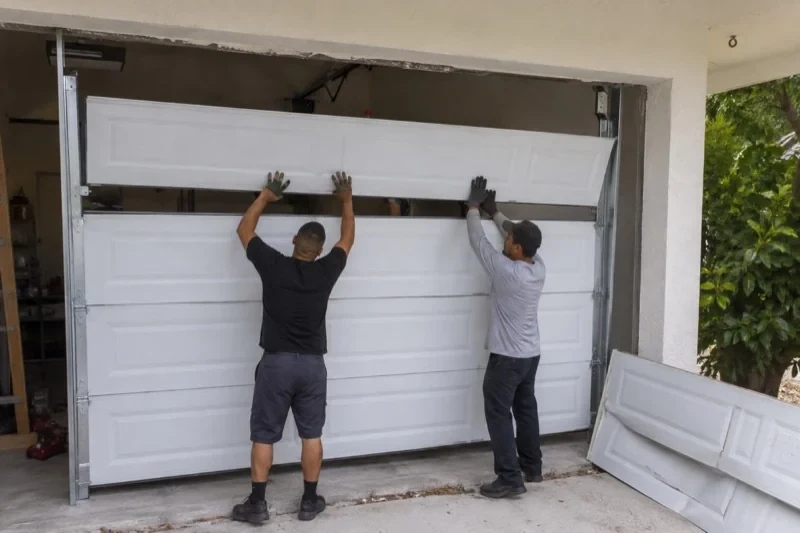 Two people holding a white garage-door section above other panels beside a detached section