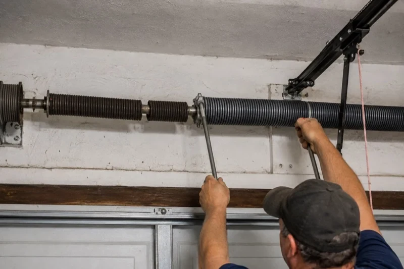 Person holding metal bars beside exposed coiled springs above a garage door.